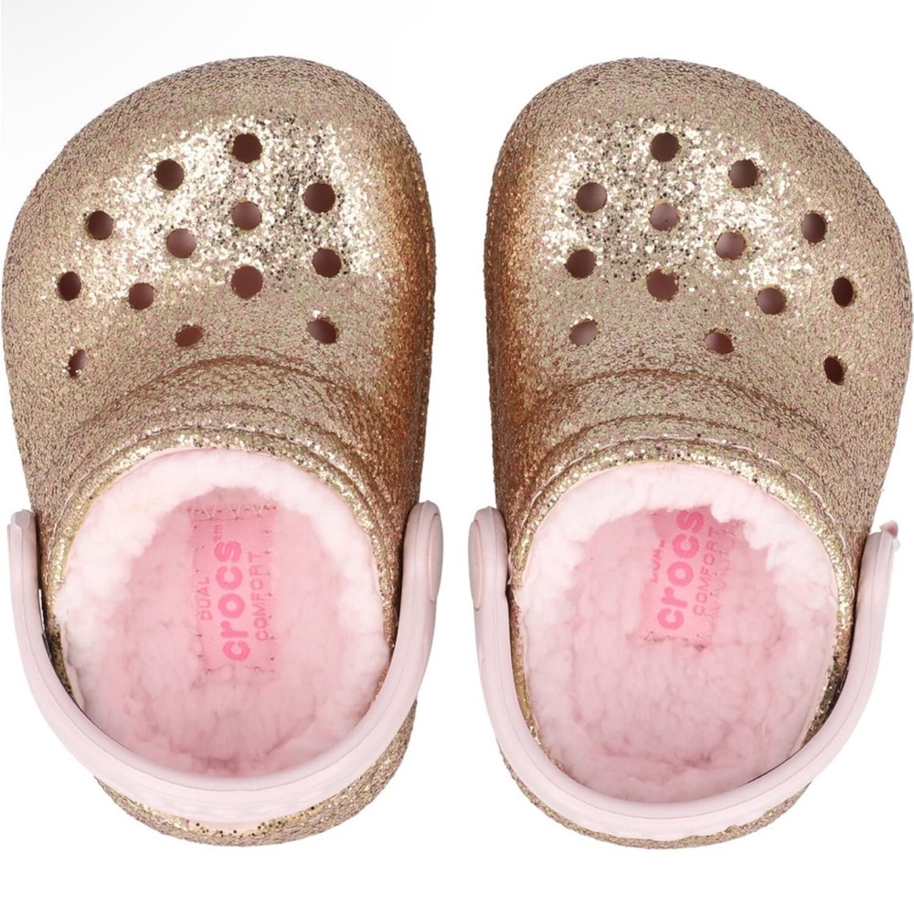 NWT Crocs Classic Lined Glitter Clog Gold Metallic Size C4 Baby